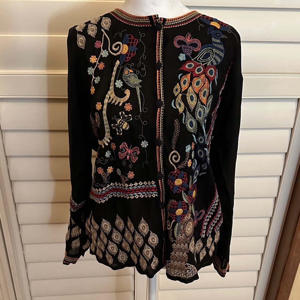Johnny Was Black Top with Multicolor Embroidery